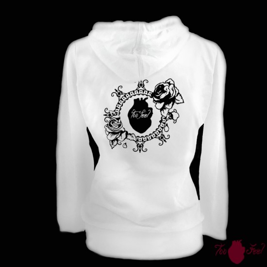 Sudadera mujer, blanca. Logotipo, negro. Toofeel moda alternativa