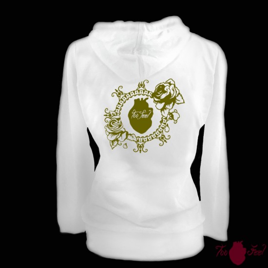 Sudadera mujer, blanca. Logotipo, verde. Toofeel moda alternativa