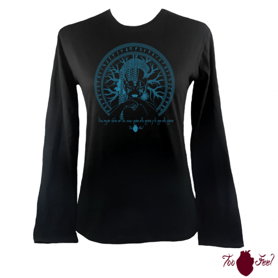 Camiseta mujer manga larga negra. Vikinga, azul. Toofeel